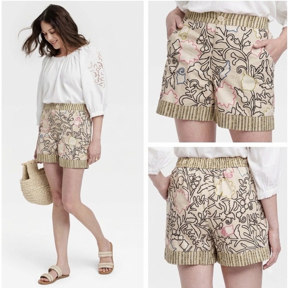 Knox Rose Floral Print Shorts Tan Multi-Color Boho Elastic Waist Small NWT